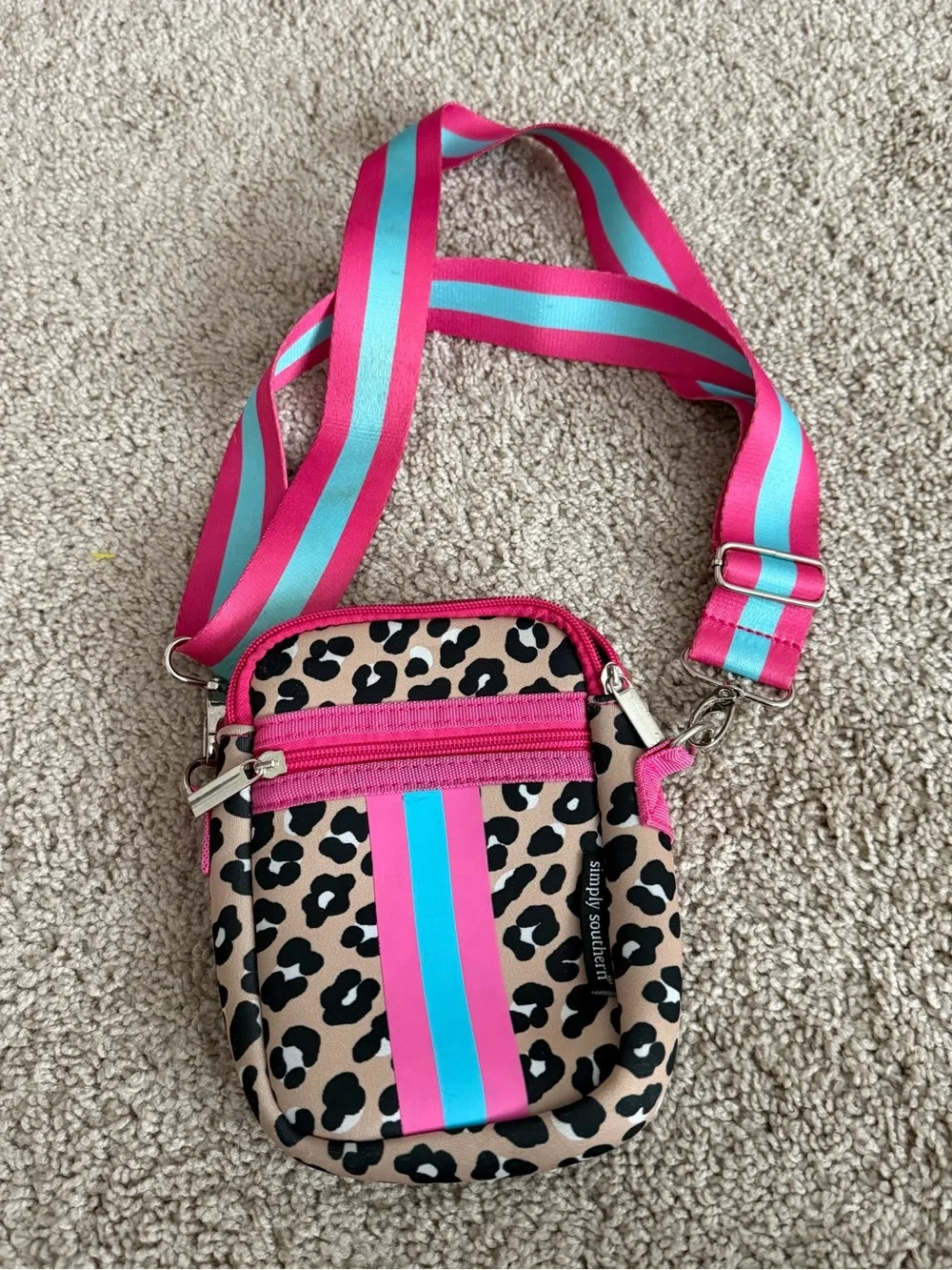 Simply Southern Neoprene Crossbody Purse Pink Leopard Print Striped Strap